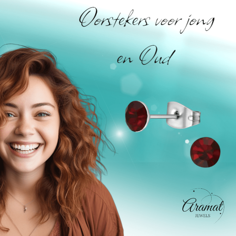 Stalen Kristal Oorbellen met donkerrood steentje – Zilverkleur – 5mm - Aramat Jewels - Oorbellen - cadeautip