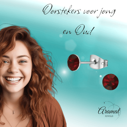 Stalen Kristal Oorbellen met donkerrood steentje – Zilverkleur – 5mm - Aramat Jewels - Oorbellen - cadeautip