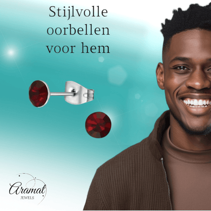 Stalen Kristal Oorbellen met donkerrood steentje – Zilverkleur – 5mm - Aramat Jewels - Oorbellen - cadeautip