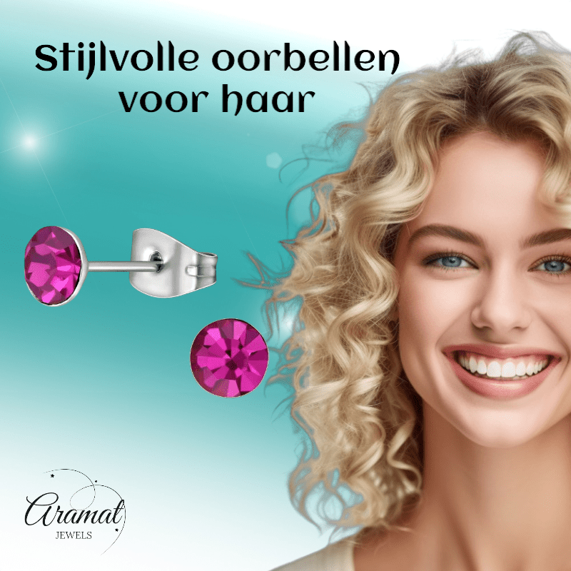 Stalen Kristal Oorbellen met fuchsiaroze steentje – Zilverkleur – 5mm - Aramat Jewels - Oorbellen - cadeautip
