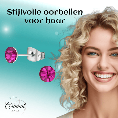 Stalen Kristal Oorbellen met fuchsiaroze steentje – Zilverkleur – 5mm - Aramat Jewels - Oorbellen - cadeautip