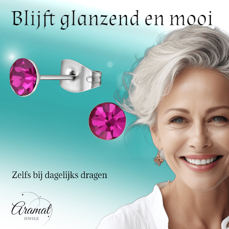 Stalen Kristal Oorbellen met fuchsiaroze steentje – Zilverkleur – 5mm - Aramat Jewels - Oorbellen - cadeautip