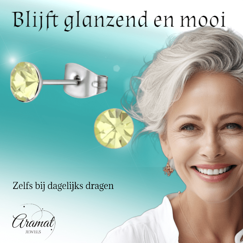 Stalen Kristal Oorbellen met jonquil steentje – Zilverkleur – 5mm - Aramat Jewels - Oorbellen - cadeautip
