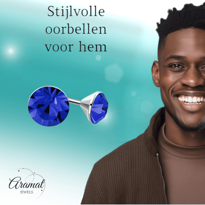 Stalen Kristal Oorbellen met koningsblauw steentje – Zilverkleur – 3mm - Aramat Jewels - Oorbellen - cadeautip