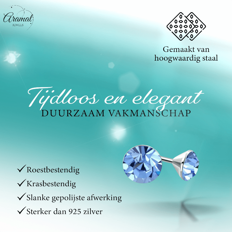 Stalen Kristal Oorbellen met lichtblauw steentje – Zilverkleur – 3mm - Aramat Jewels - Oorbellen - cadeautip