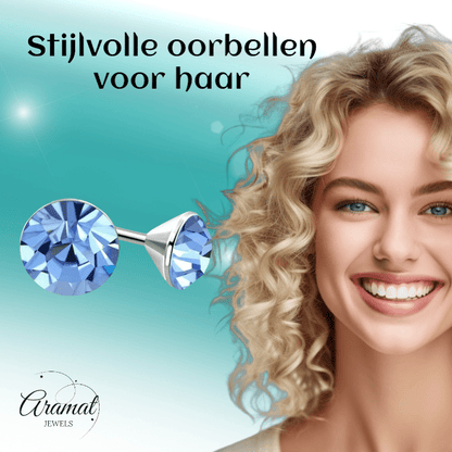 Stalen Kristal Oorbellen met lichtblauw steentje – Zilverkleur – 3mm - Aramat Jewels - Oorbellen - cadeautip