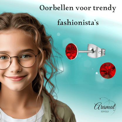Stalen Kristal Oorbellen met lichtrode steentjes – Zilverkleur – 5mm - Aramat Jewels - Oorbellen - cadeautip