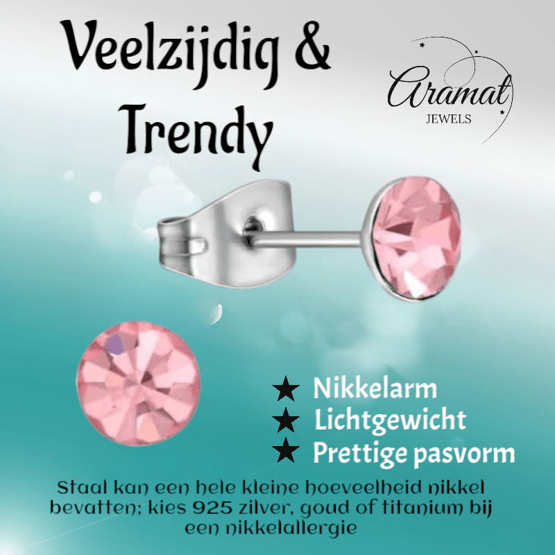 Stalen Kristal Oorbellen met lichtroze steentje – Zilverkleur – 5mm - Aramat Jewels - Oorbellen - cadeautip