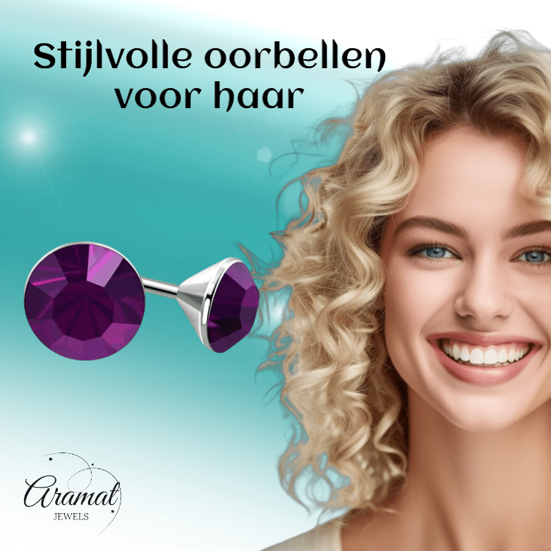 Stalen Kristal Oorbellen met paars steentje – Zilverkleur – 3mm - Aramat Jewels - Oorbellen - cadeautip