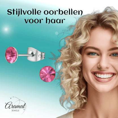 Stalen Kristal Oorbellen met roze steentje – Zilverkleur – 5mm - Aramat Jewels - Oorbellen - cadeautip