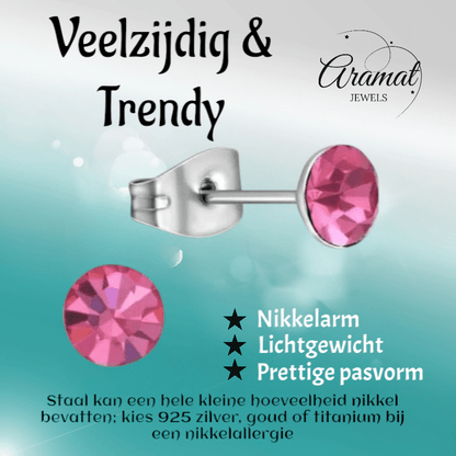 Stalen Kristal Oorbellen met roze steentje – Zilverkleur – 5mm - Aramat Jewels - Oorbellen - cadeautip