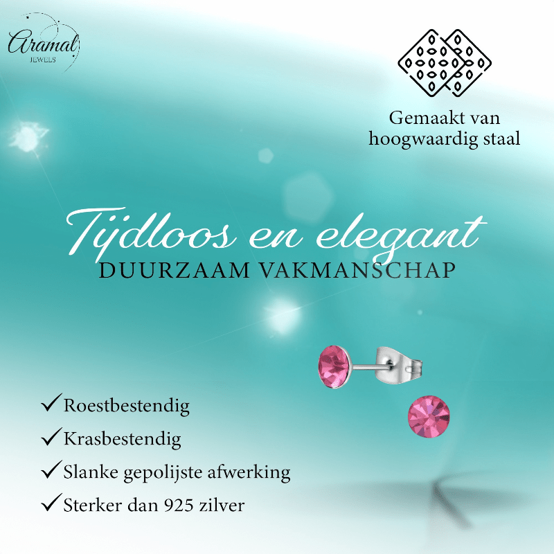 Stalen Kristal Oorbellen met roze steentje – Zilverkleur – 5mm - Aramat Jewels - Oorbellen - cadeautip