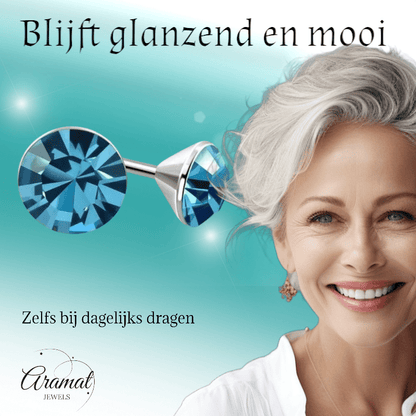 Stalen Kristal Oorbellen met saffierblauw steentje – Zilverkleur – 3mm - Aramat Jewels - Oorbellen - cadeautip