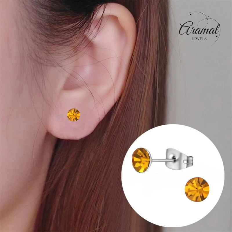 Steel Crystal Earrings with orange topaz stone – Silver color – 5mm