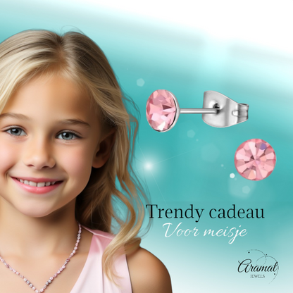 Steel Crystal Earrings with light pink stone – Silver color – 5mm