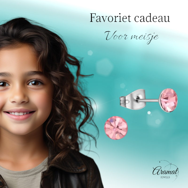 Steel Crystal Earrings with light pink stone – Silver color – 5mm