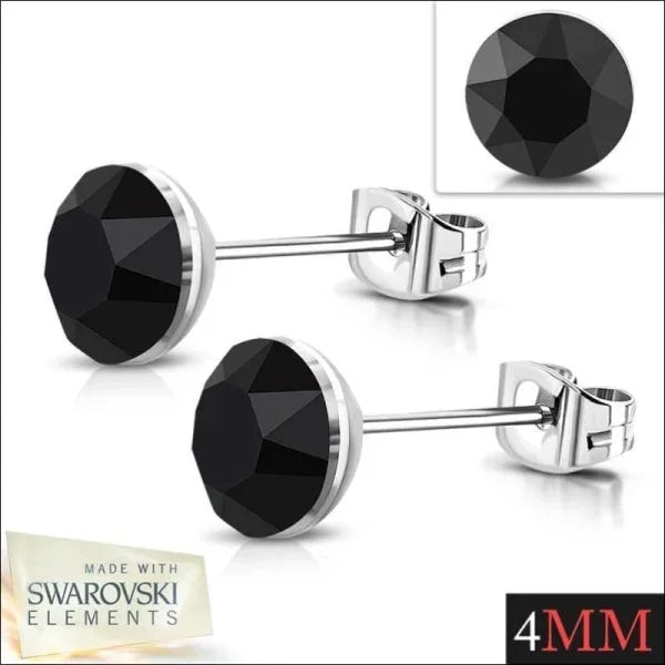Steel Crystal Earrings with black stones - Silver color - 4mm