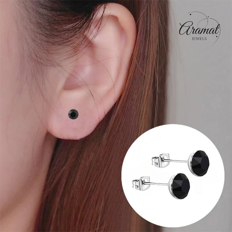 Steel Crystal Earrings with black stones - Silver color - 4mm