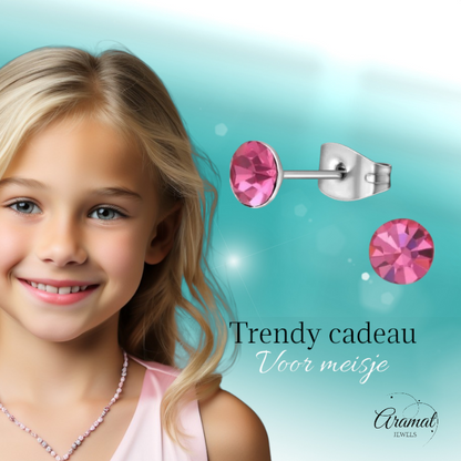 Steel Crystal Earrings with pink stone – Silver color – 5mm