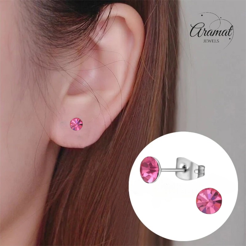 Steel Crystal Earrings with pink stone – Silver color – 5mm