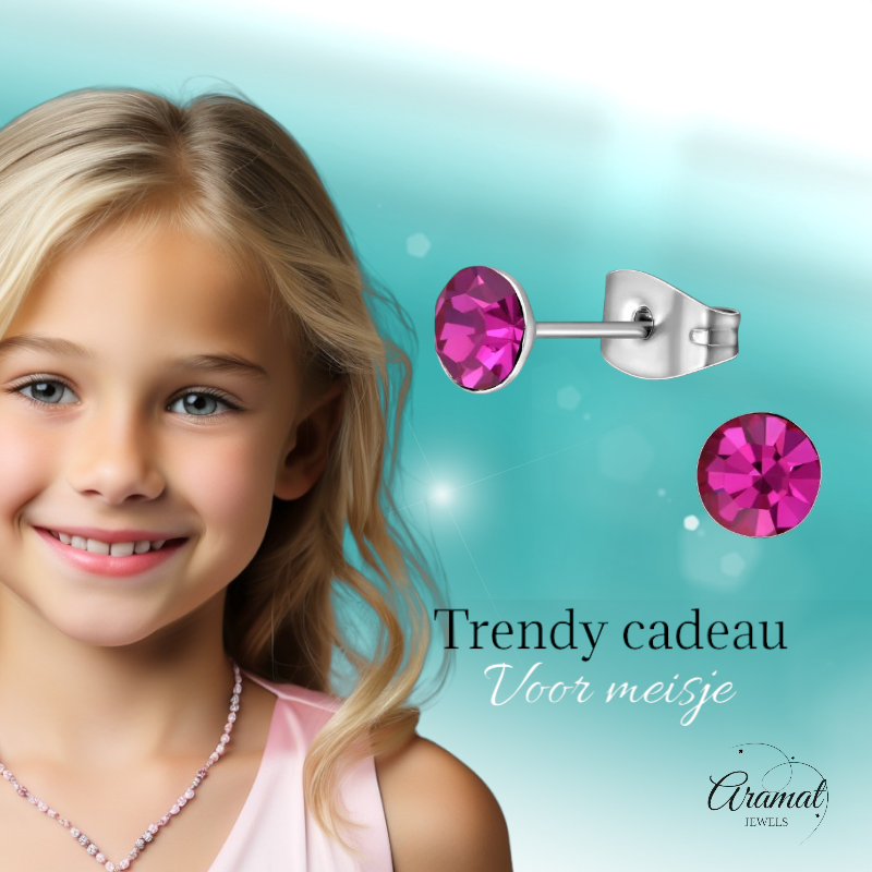 Steel Crystal Earrings with fuchsia pink stone – Silver color – 5mm