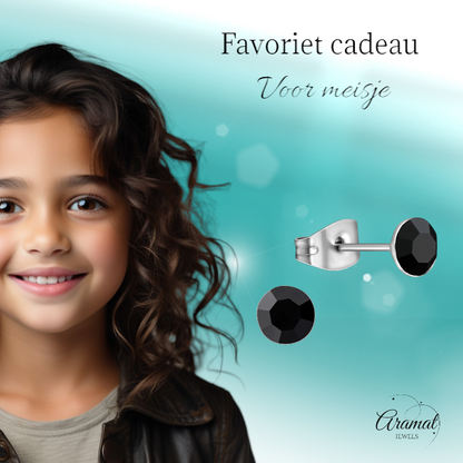 Steel Crystal Earrings with black stone – Silver color – 5mm