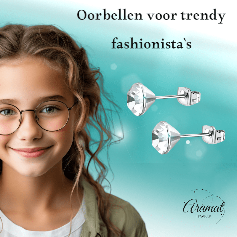 Stalen Kristal Oorbellen met transparant steentje – Zilverkleur – 3mm - Aramat Jewels - Oorbellen - cadeautip