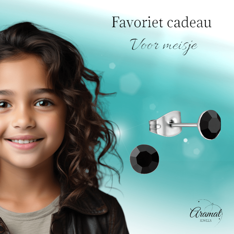 Stalen Kristal Oorbellen met zwart steentje – Zilverkleur – 5mm - Aramat Jewels - Oorbellen - cadeautip