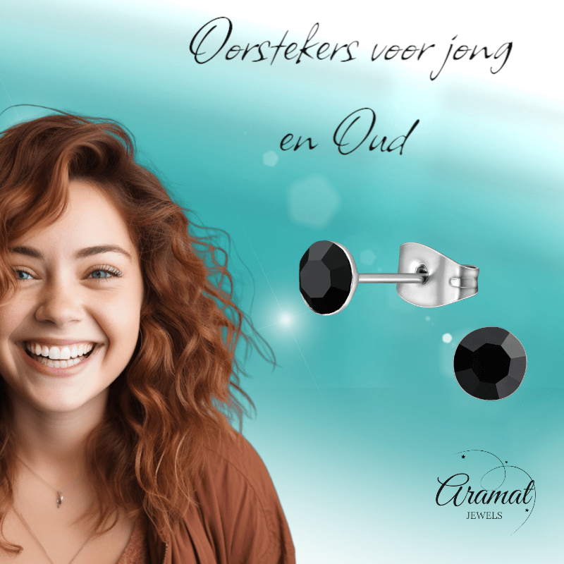 Stalen Kristal Oorbellen met zwart steentje – Zilverkleur – 5mm - Aramat Jewels - Oorbellen - cadeautip