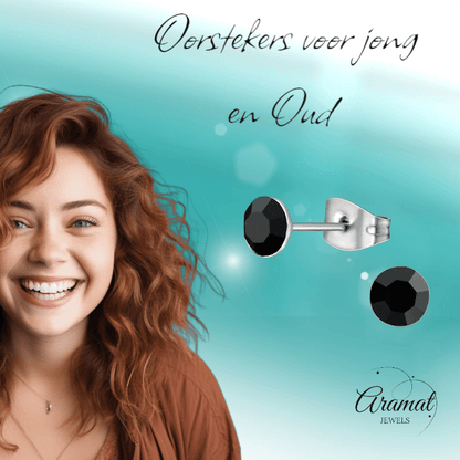 Stalen Kristal Oorbellen met zwart steentje – Zilverkleur – 5mm - Aramat Jewels - Oorbellen - cadeautip