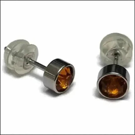 Boucles d'oreilles puces – Acier, cristal, topaze, couleur argent brun (5 mm) 