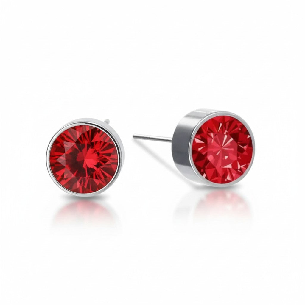 Boucles d'oreilles puces – Acier cristal rouge argenté (6 mm) 