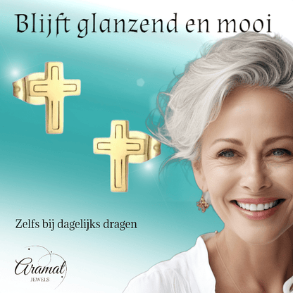 Stalen Kruisjes Oorbellen Goudkleur – 10x7mm - Aramat Jewels - Oorbellen - cadeautip