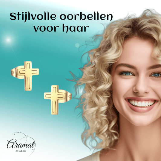 Stalen Kruisjes Oorbellen Goudkleur – 10x7mm - Aramat Jewels - Oorbellen - cadeautip