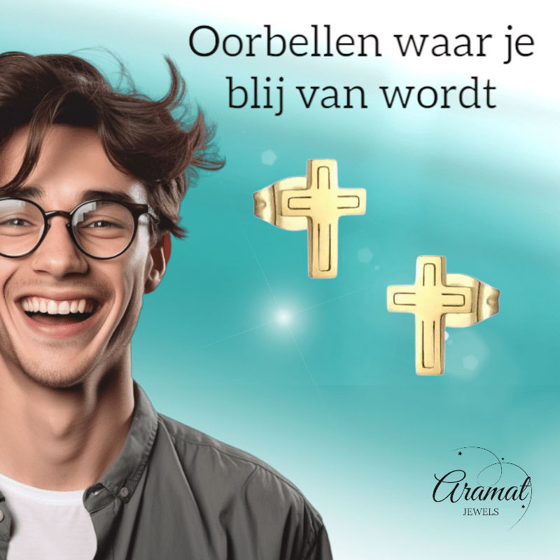 Stalen Kruisjes Oorbellen Goudkleur – 10x7mm - Aramat Jewels - Oorbellen - cadeautip