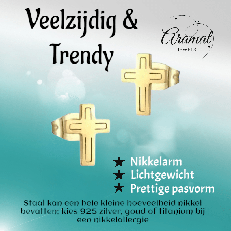 Stalen Kruisjes Oorbellen Goudkleur – 10x7mm - Aramat Jewels - Oorbellen - cadeautip