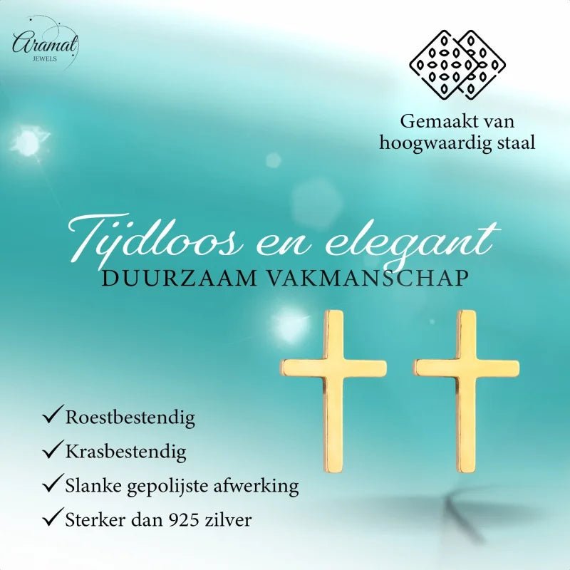 Gouden oorbellen met kruis.