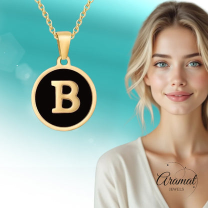 Steel letter necklace in gold color with black