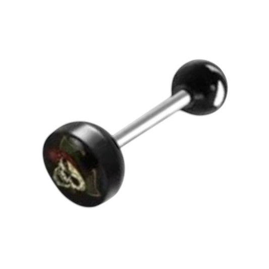 Aramat Jewels black acrylic tongue piercing with a skull and crossbones pirate logo on the bottom ball and a silver barbell.