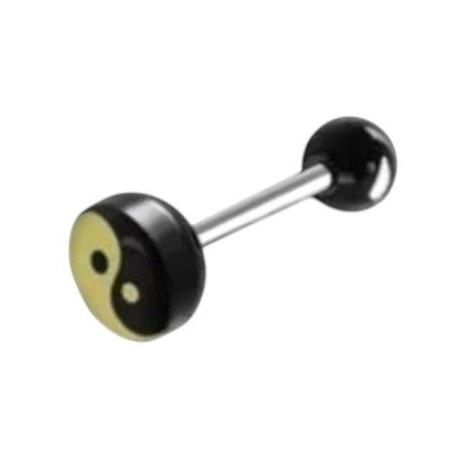 Aramat Jewels black and yellow yin yang logo tongue piercing with a black acrylic ball and a steel bar.