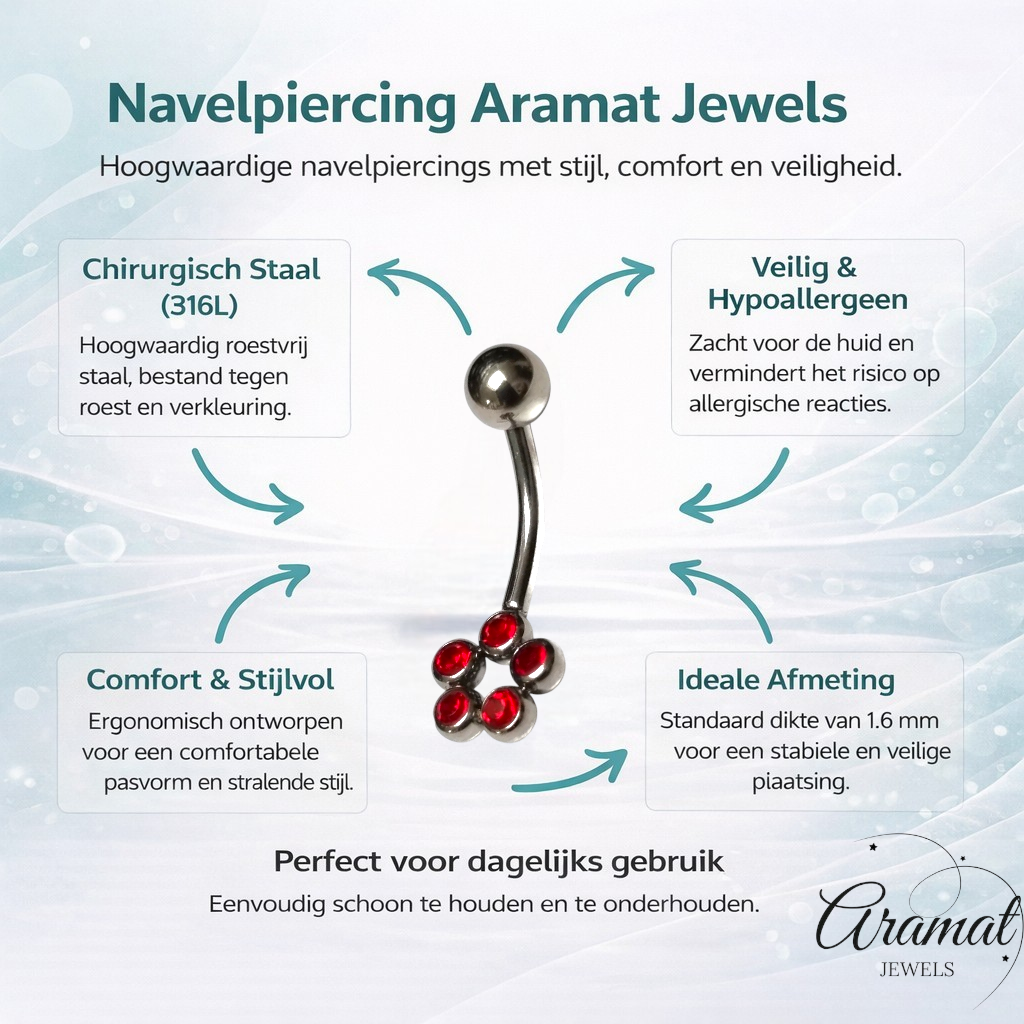 Steel Navel Piercing with Red Zirconia Dots