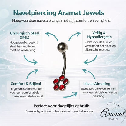 Steel Navel Piercing with Red Zirconia Dots