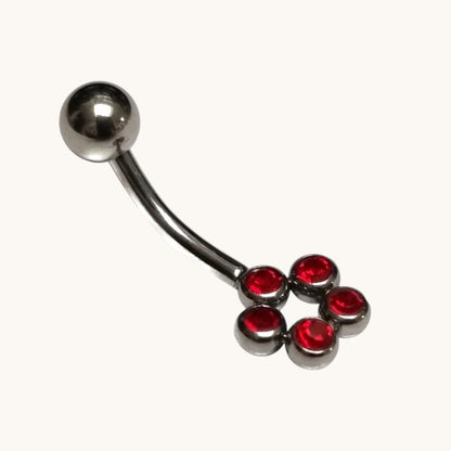 Steel Navel Piercing with Red Zirconia Dots