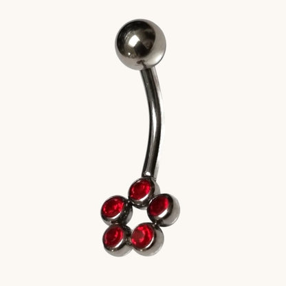 Steel Navel Piercing with Red Zirconia Dots
