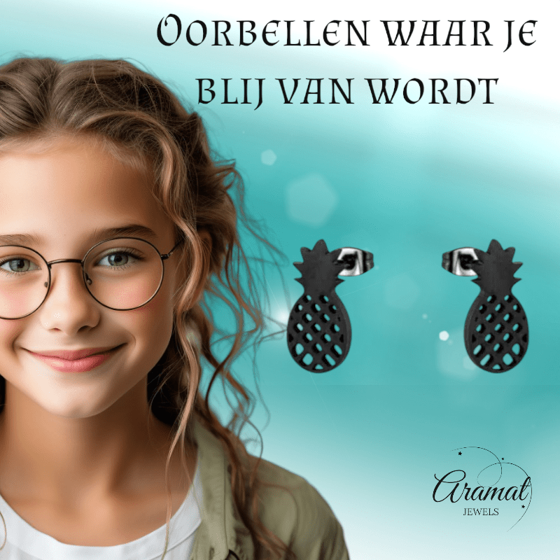 Stalen Oorbellen Ananas - Zomerse Accessoires - oor3125 - Oorbellen kopen# - Zwart - 10mm - 5mm