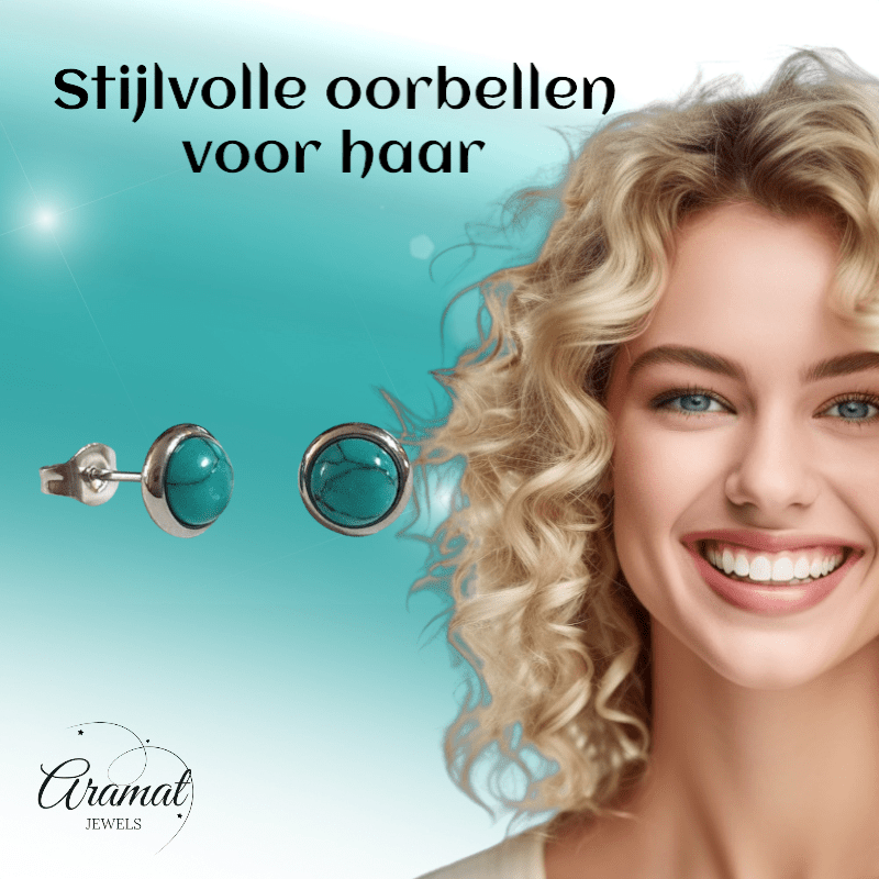 Stalen oorbellen groen gemarmerd 8mm zilverkleur - oor3076 - Oorbellen kopen# - 8mm - alles - cadeau