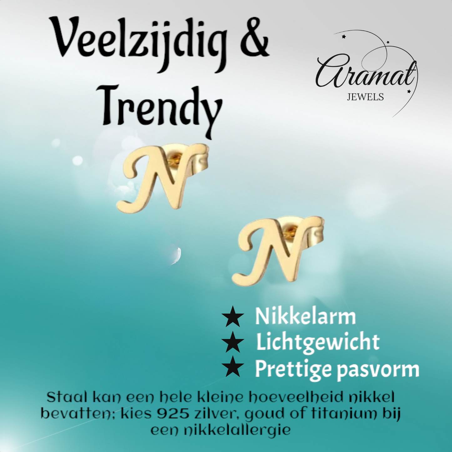 Stainless steel letter N stud earrings, gold-coloured