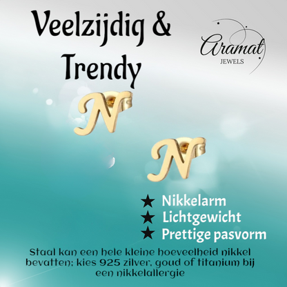 Stainless steel letter N stud earrings, gold-coloured