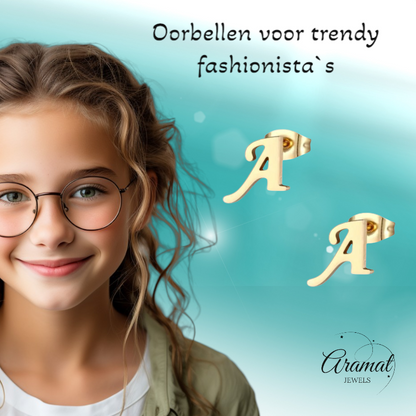 Gold-colored stainless steel Letter A stud earrings 10mm