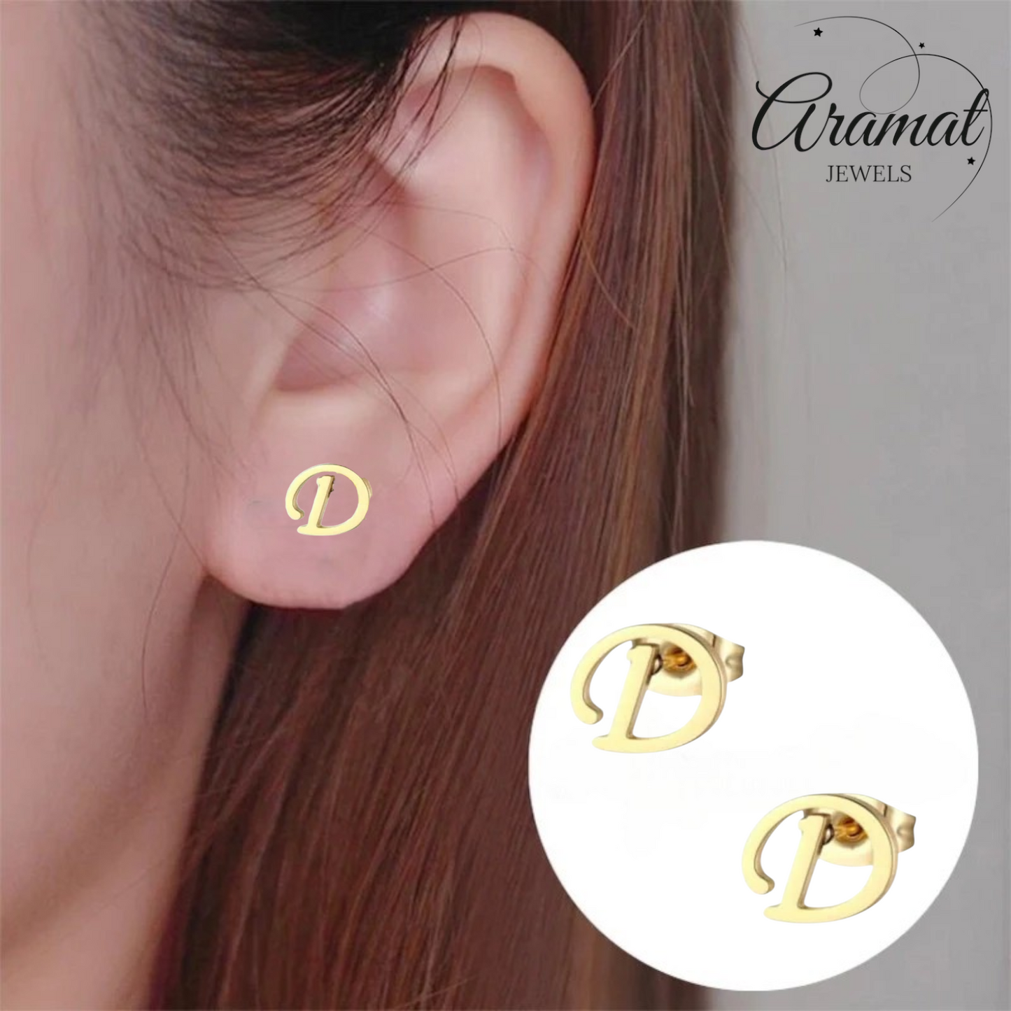Gold-colored stainless steel ear studs Letter D
